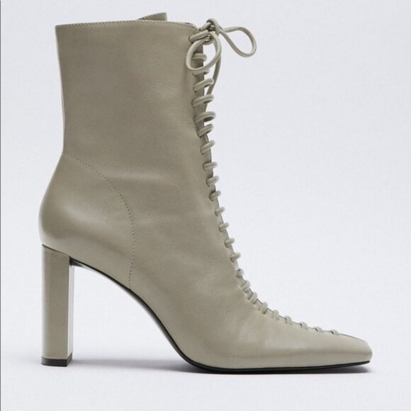 Zara Block Heel Gray Lace-Up Ankle Square Toe Sheepskin Boots - Picture 2 of 15